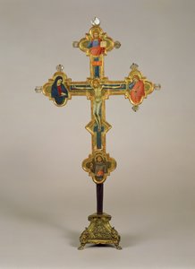 Draagbaar Kruis, versierd met scènes van De Gekruisigde Christus met de Maagd, St. Johannes de Evangelist en St. Franciscus (voorzijde)